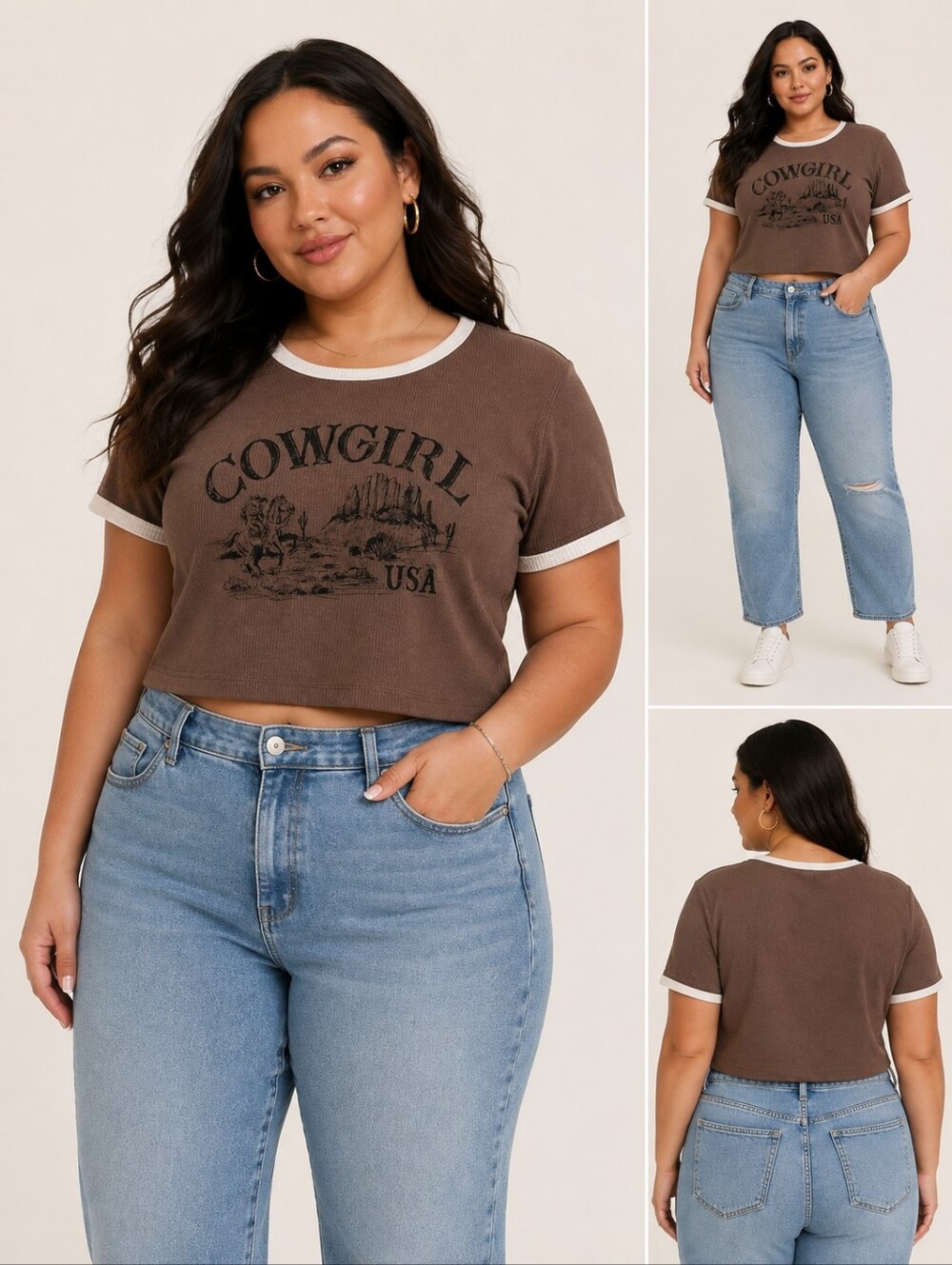 💖 2/$40 Torrid Brown Ringer Tee with Cowgirl USA Graphic
